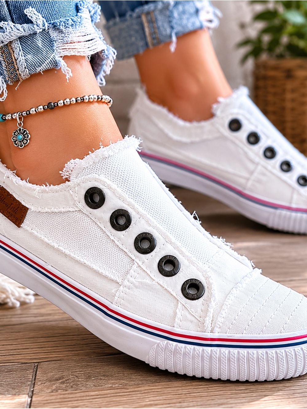 Blowfish White Canvas Slip-On Sneakers | Distressed Edge Casual Shoes